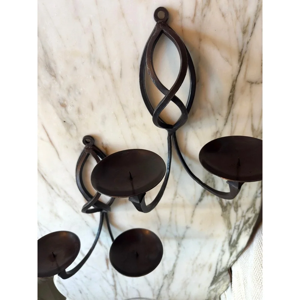 Vintage Pair Wrought Iron Double Arm Wall Sconces Candle Holders Gothic